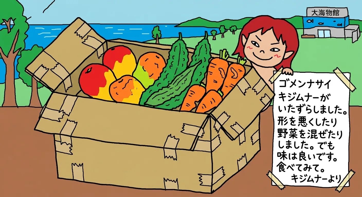 「キジムナーのいたずら」規格外・南城市産マンゴー＆野菜の巨大箱（謝罪文付き）
