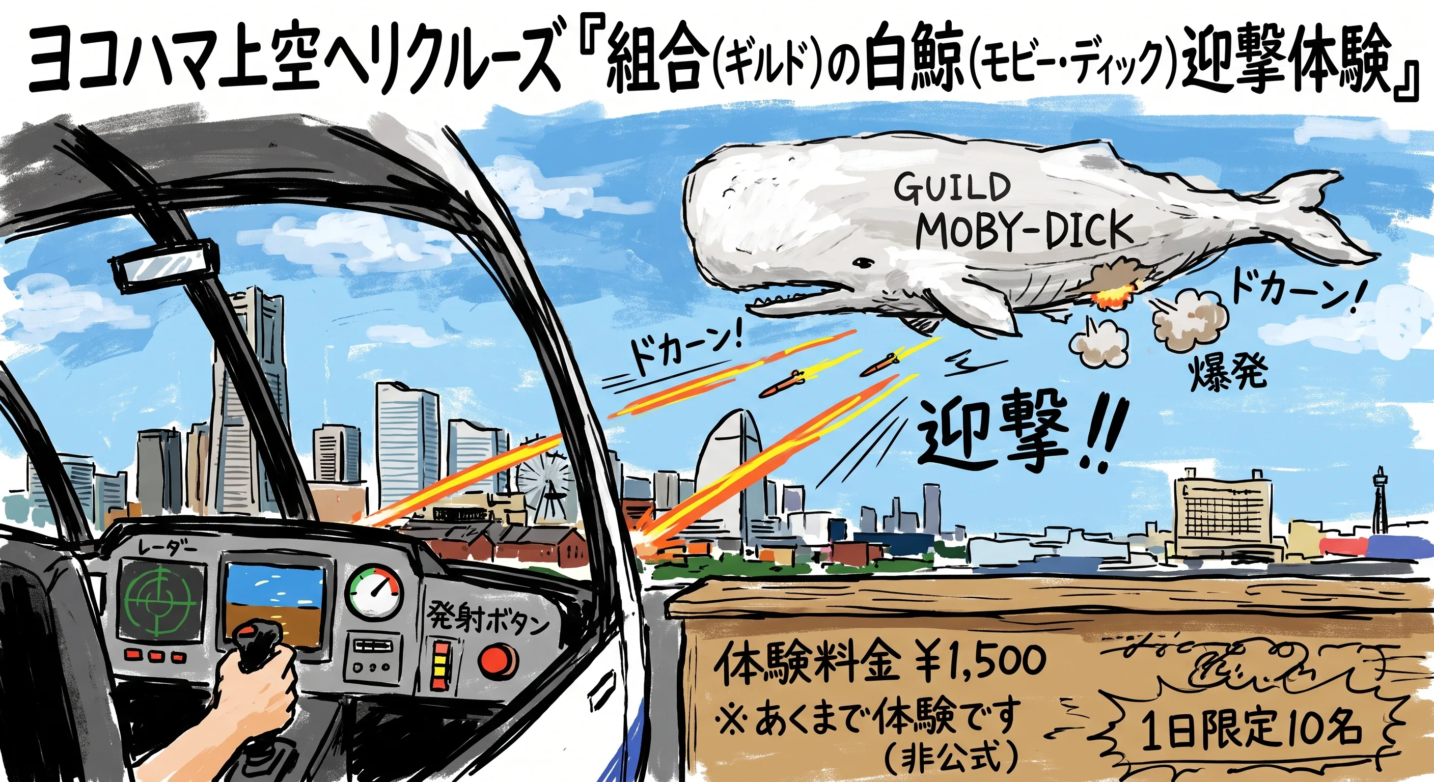 ヨコハマ上空ヘリクルーズ「組合（ギルド）の白鯨（モビー・ディック）迎撃体験」