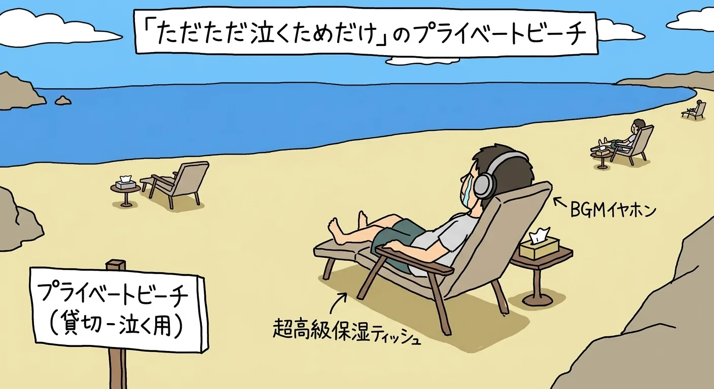 劇中BGMと共に海を眺めて「ただただ泣くためだけ」のプライベートビーチ貸切権