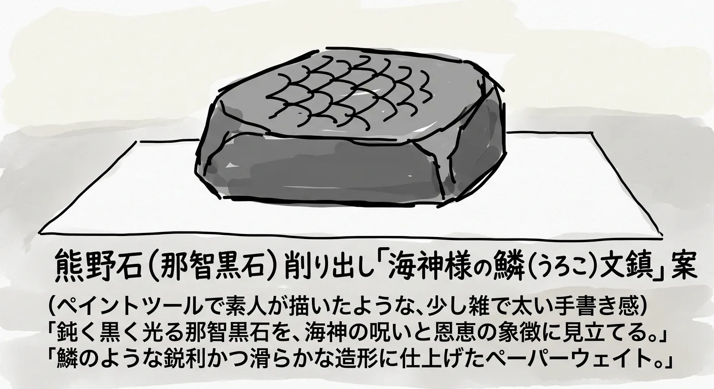 熊野石（那智黒石）削り出し「海神様の鱗（うろこ）文鎮」